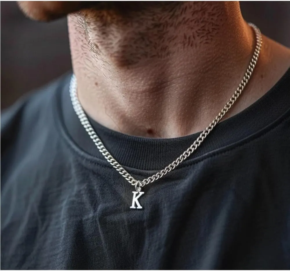 Mens Minimal Initial Necklace, Stainless Steel Gold Silver Tone 26 Letters Pendant Necklace for Men Women 3.5mm Cuban Chain Waterproof