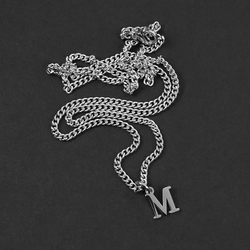 Mens Minimal Initial Necklace, Stainless Steel Gold Silver Tone 26 Letters Pendant Necklace for Men Women 3.5mm Cuban Chain Waterproof