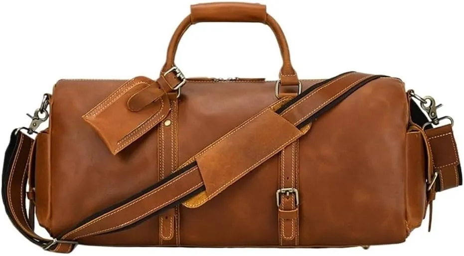 Mens Oversized Weekender Bag Duffel Waterproof Lining Leather Trim Adjustable Carry Strap Brown