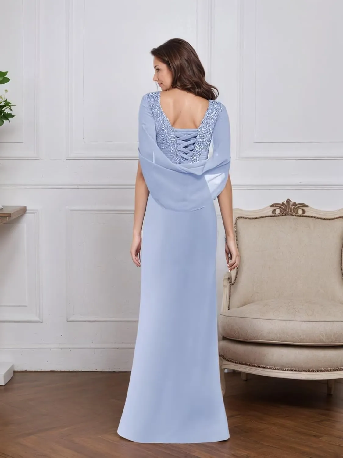 Mermaid Mother of The Bride Dresses with Cape Lace Formal Dress for Women Chiffon Ruched Evening Gown