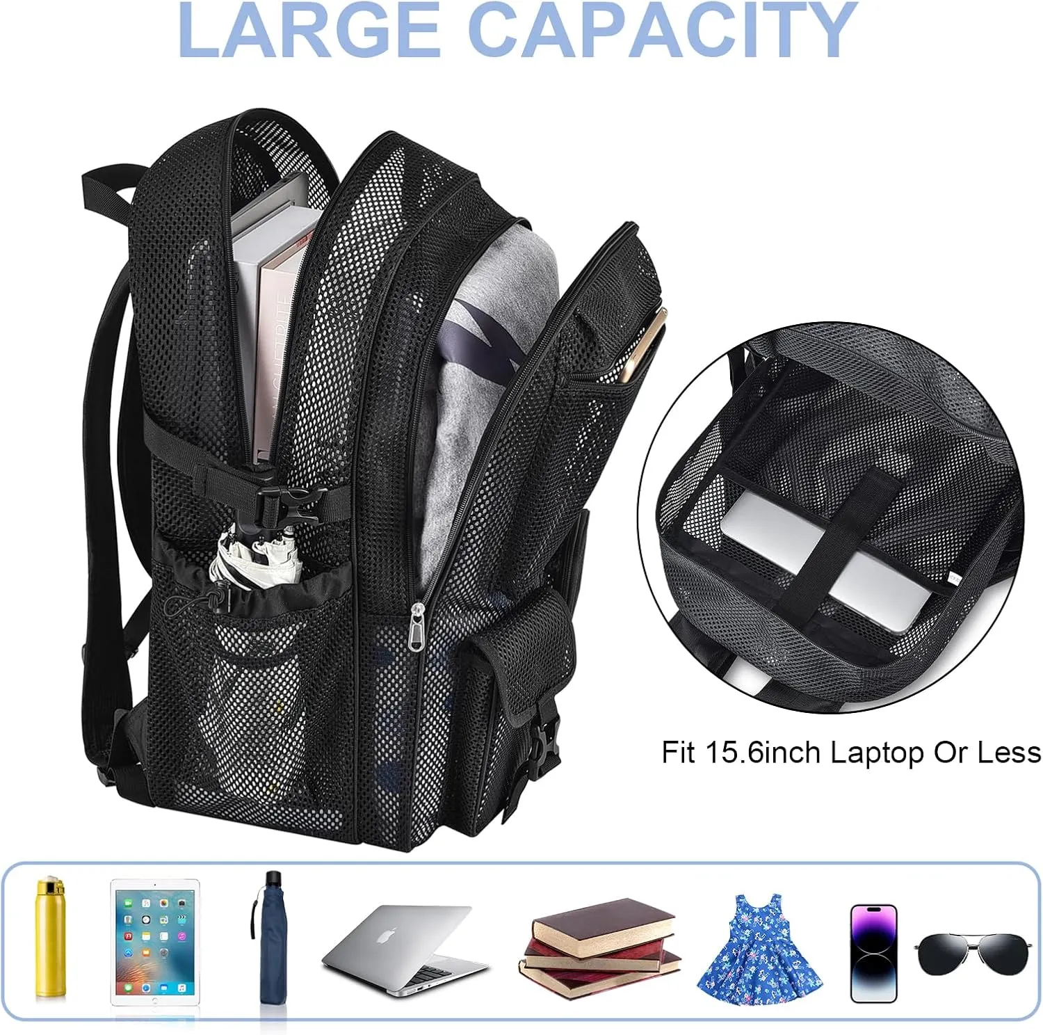 Mesh Backpack for School, 36L Large Heavy Duty Mesh Backpacks for Adults Girls Boys Kids with Inner Laptop Compartment, Mesh Schoolbag for Outdoor Hiking Beach