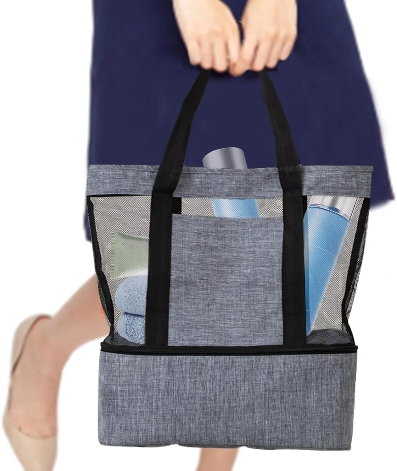 Mesh Beach Bag Mesh Beach Bag Large Mesh Picnic Bag Beach Tote Bag with Insulated Cooler Compartment Swimming Pool Bag for Summer Travel Camping Essentials Grey