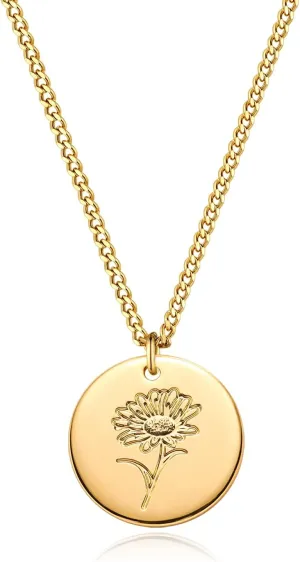 MEVECCO Birth Flower Necklace 18k Gold Custom Floral Pendant Necklaces Dainty Birth Month Flower Disc Hand Stamped Necklace Personalized Jewelry Birthday Gift