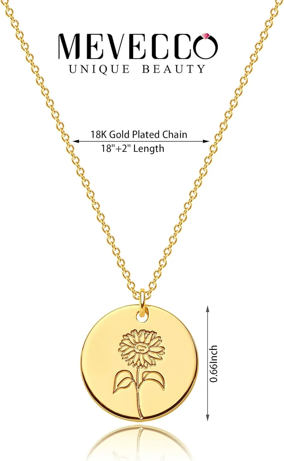 MEVECCO Birth Flower Necklace 18k Gold Custom Floral Pendant Necklaces Dainty Birth Month Flower Disc Hand Stamped Necklace Personalized Jewelry Birthday Gift