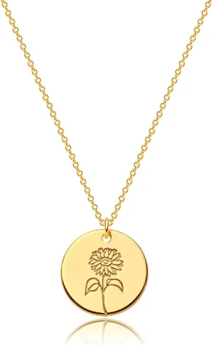 MEVECCO Birth Flower Necklace 18k Gold Custom Floral Pendant Necklaces Dainty Birth Month Flower Disc Hand Stamped Necklace Personalized Jewelry Birthday Gift
