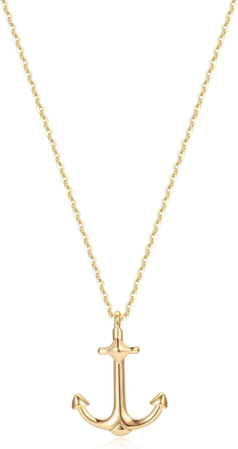 MEVECCO Gold Dainty Anchor Pendant Necklace,14K Gold Plated Cute Horizontal Hammered Necklace for Women