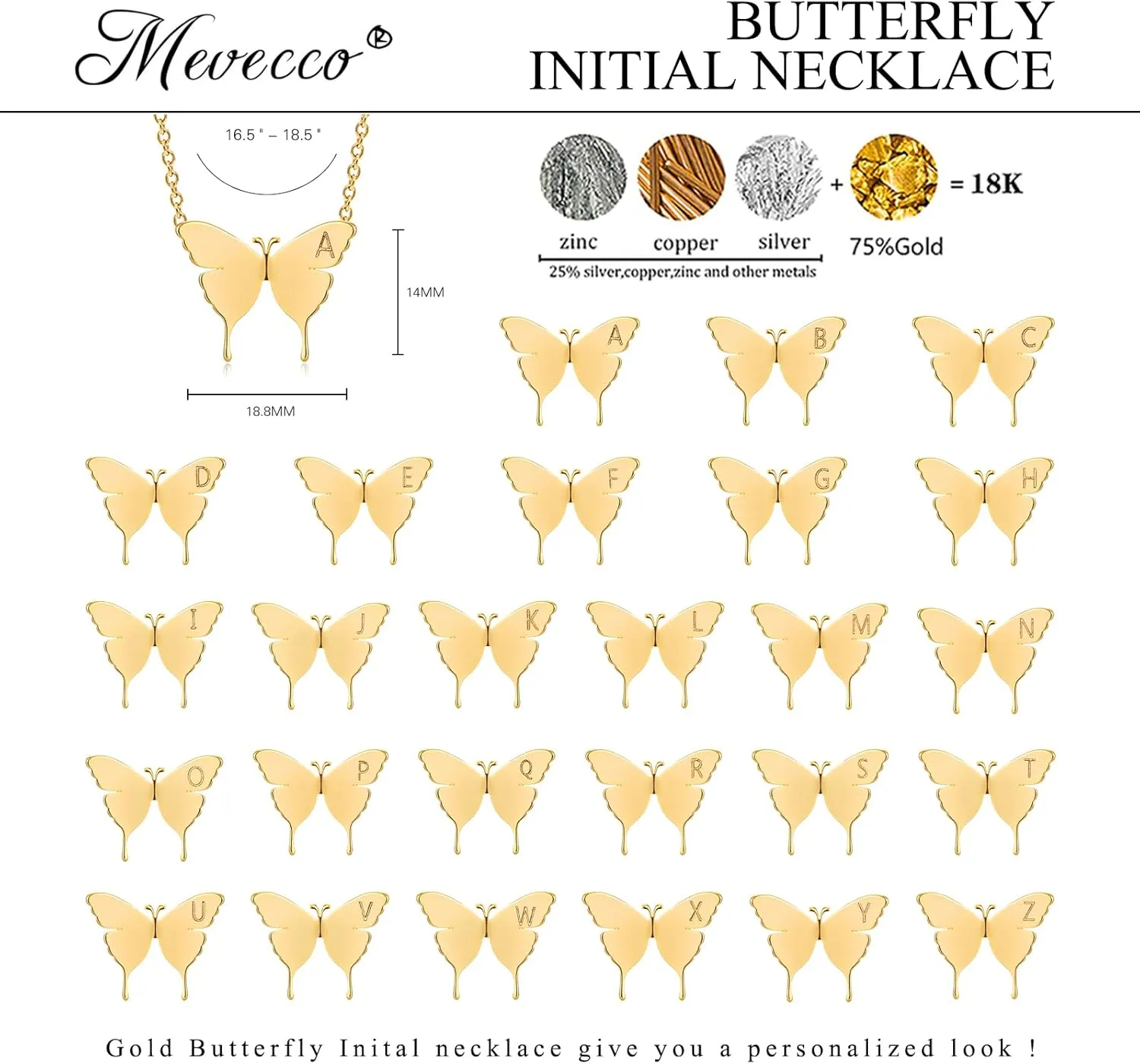 MEVECCO Gold Dainty Initial Necklace 18K Gold Plated Butterfly Pendant Name Necklaces Delicate Everyday Necklace for Women Minimalist Personalized Jewelry