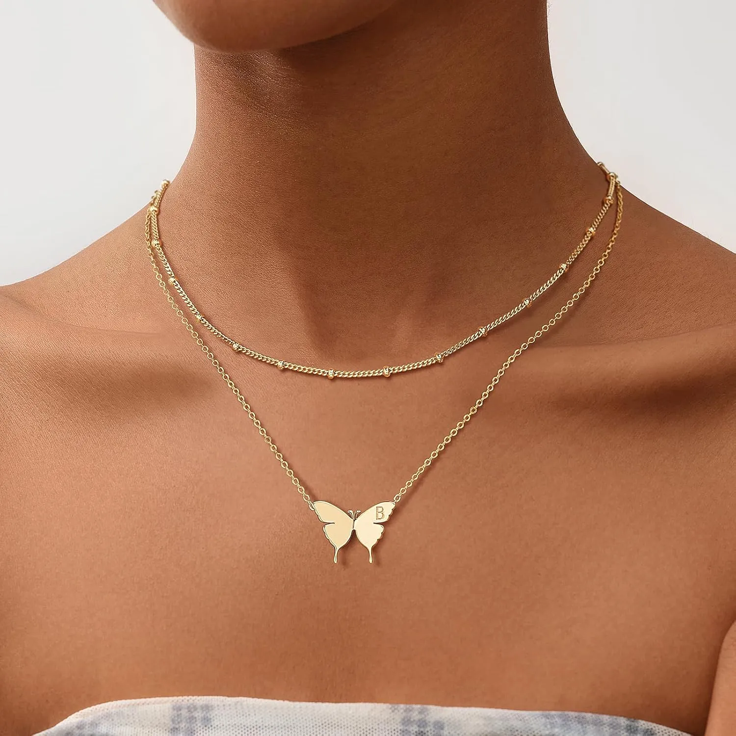 MEVECCO Gold Dainty Initial Necklace 18K Gold Plated Butterfly Pendant Name Necklaces Delicate Everyday Necklace for Women Minimalist Personalized Jewelry