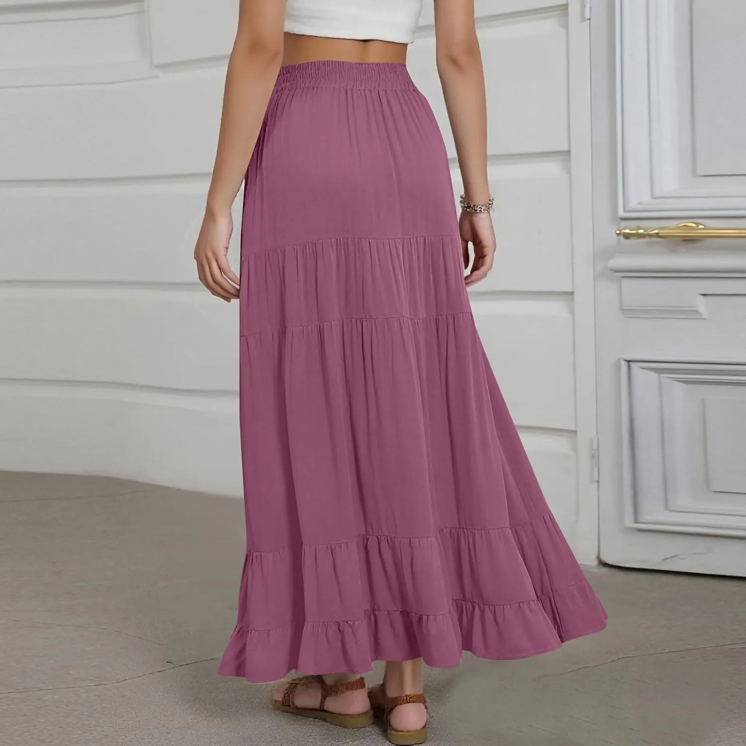 midelxp Flowy Long Skirts for Women Summer Elastic High Waist A Line Pleated Skirts Y2k Comfy Tiered Maxi Skirt with Pockets