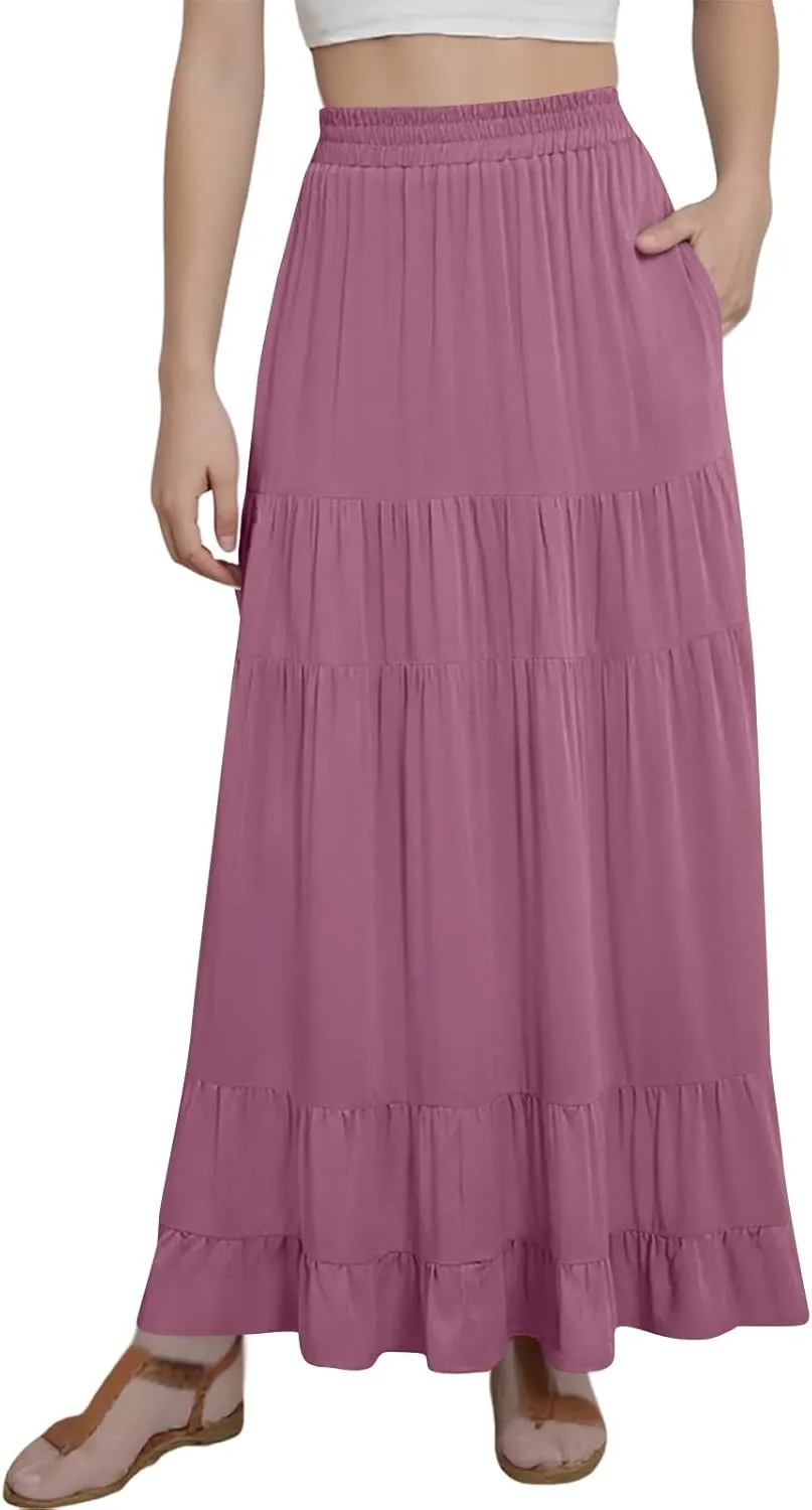 midelxp Flowy Long Skirts for Women Summer Elastic High Waist A Line Pleated Skirts Y2k Comfy Tiered Maxi Skirt with Pockets