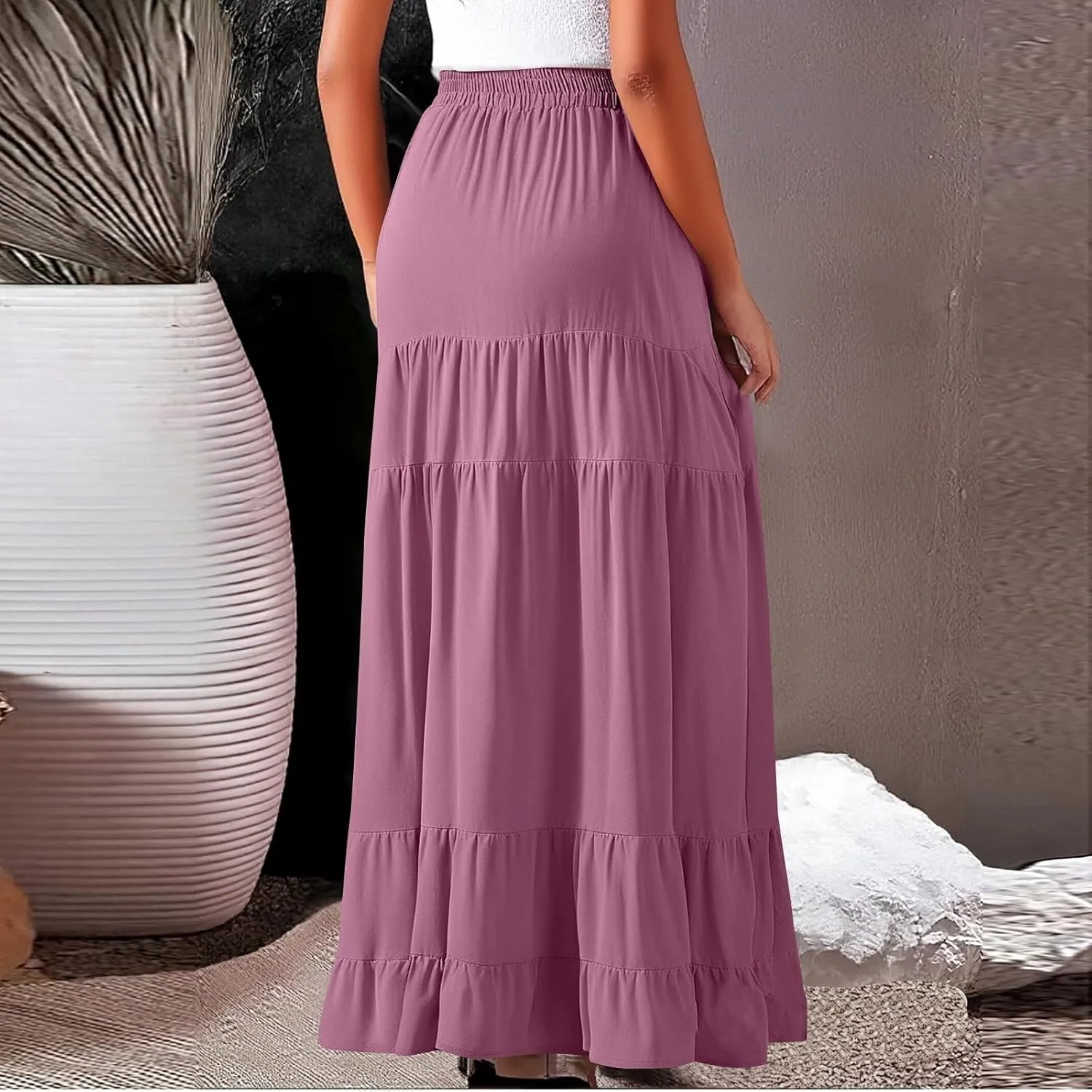 midelxp Flowy Long Skirts for Women Summer Elastic High Waist A Line Pleated Skirts Y2k Comfy Tiered Maxi Skirt with Pockets