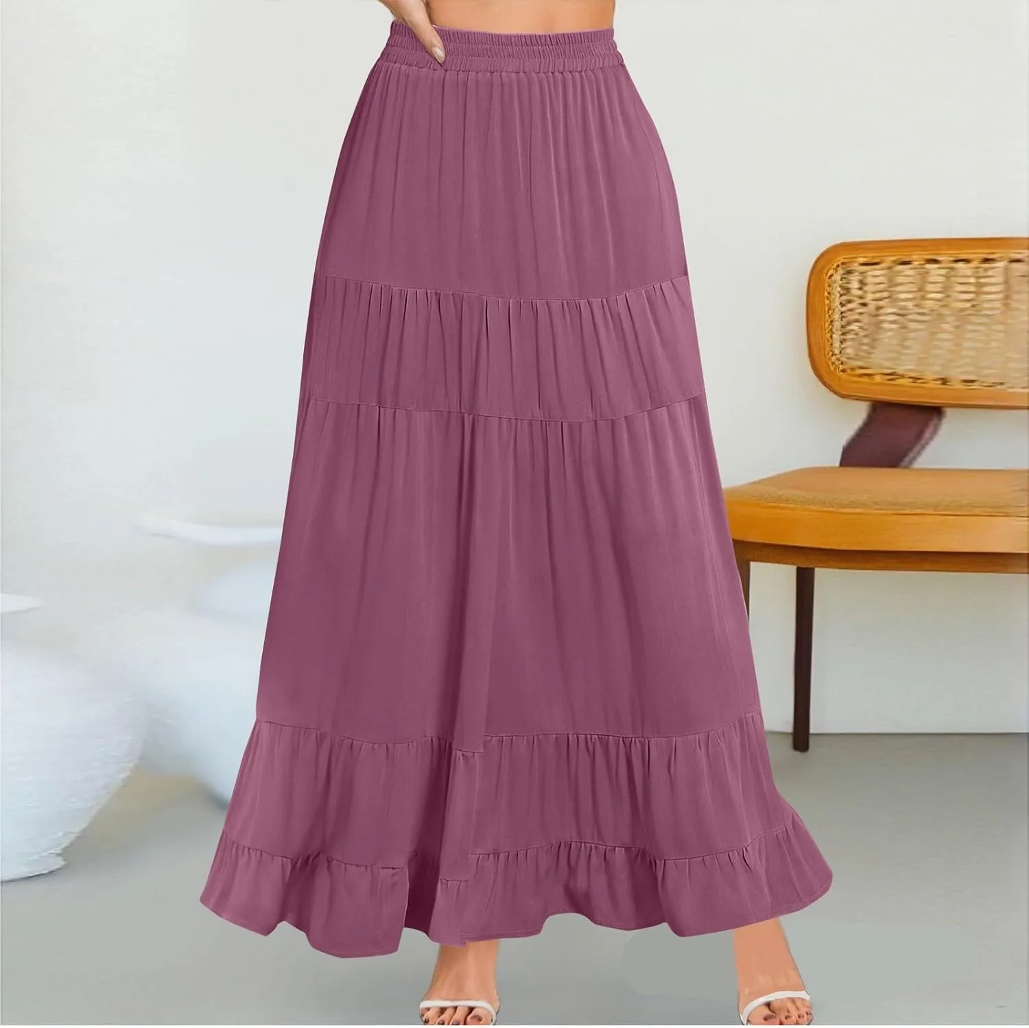 midelxp Flowy Long Skirts for Women Summer Elastic High Waist A Line Pleated Skirts Y2k Comfy Tiered Maxi Skirt with Pockets