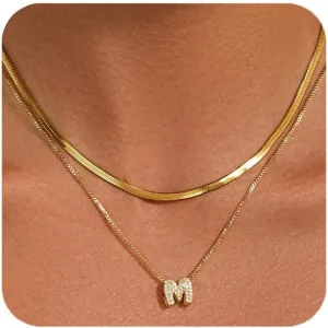 Mini Bubble Gold Letter Necklace For Women  Initial Necklaces Dainty Necklace For Women Zircon 18k Gold Plated Tarnish Herringbone Layered Necklaces Gift