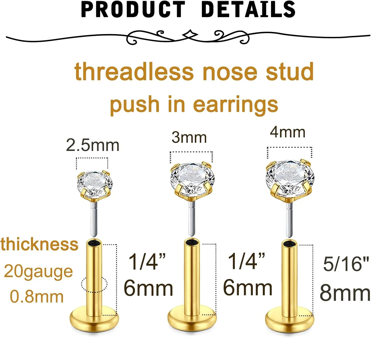 MODRSA Silver & Gold Threadless Nose Studs 20g & 18g Flat Back, Cartilage & Conch Earring Studs for Women 6mm & 8mm