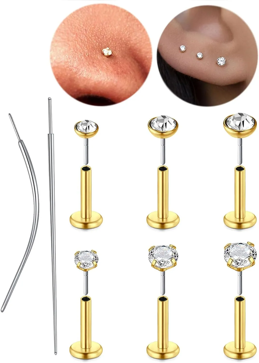 MODRSA Silver & Gold Threadless Nose Studs 20g & 18g Flat Back, Cartilage & Conch Earring Studs for Women 6mm & 8mm