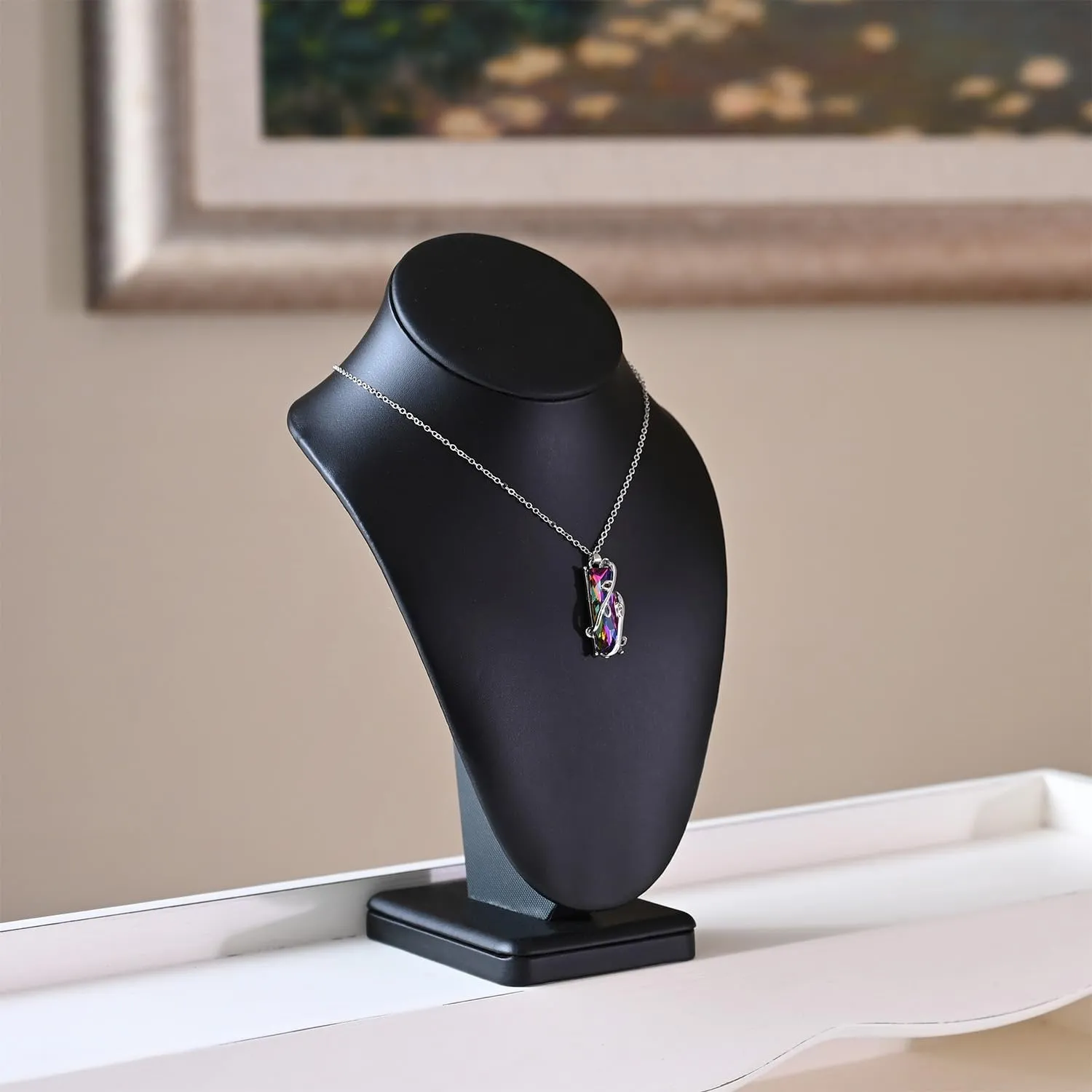 MOOCA 2 Pcs Deluxe Faux Leather Medium Necklace Chain Jewelry Display Holder, Jewelry Stand, Necklaces Display Mannequin Bust Stand, Black Faux Leather