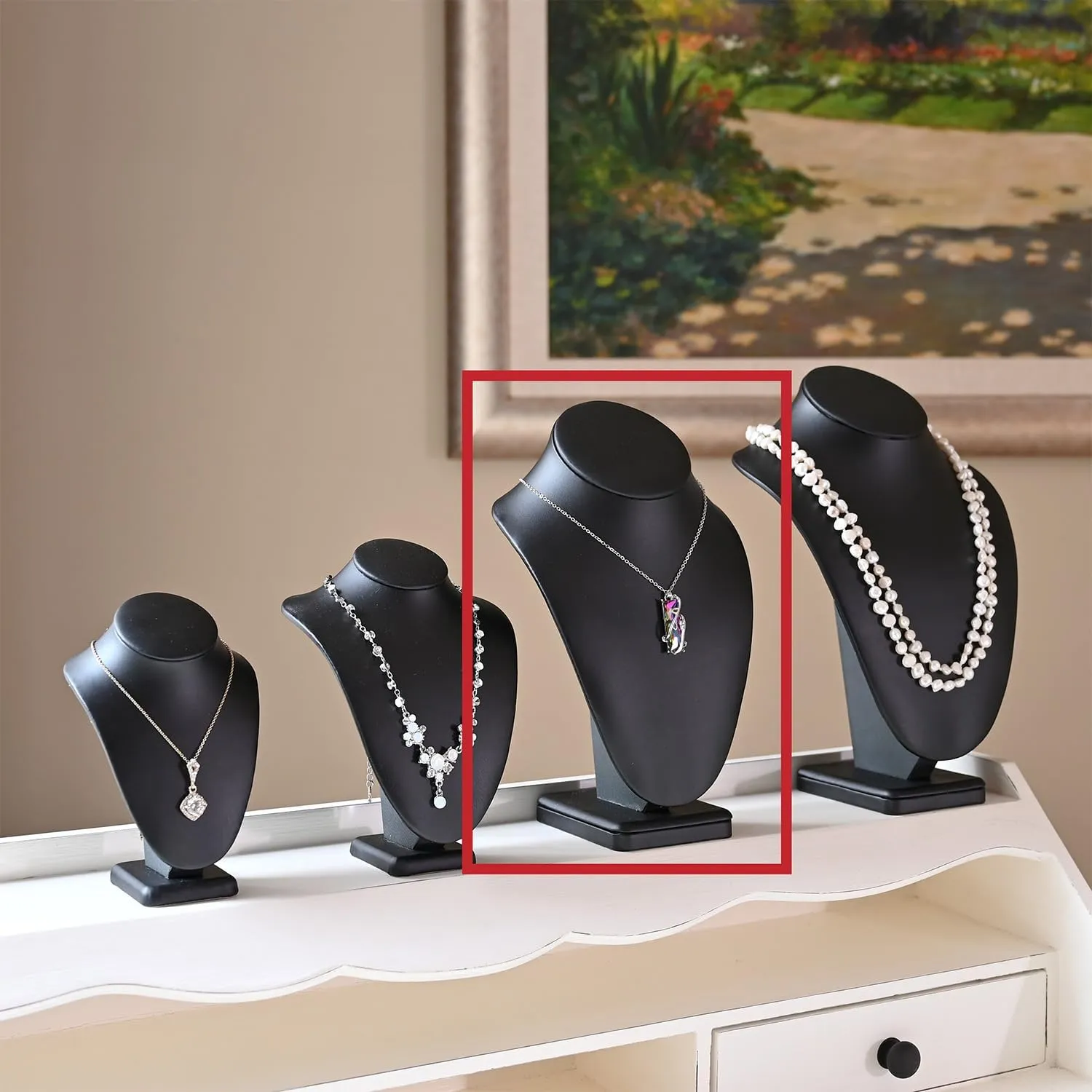 MOOCA 2 Pcs Deluxe Faux Leather Medium Necklace Chain Jewelry Display Holder, Jewelry Stand, Necklaces Display Mannequin Bust Stand, Black Faux Leather