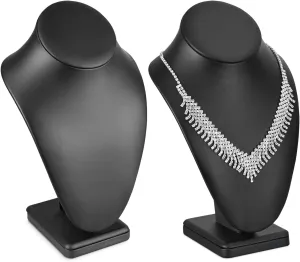 MOOCA 2 Pcs Deluxe Faux Leather Medium Necklace Chain Jewelry Display Holder, Jewelry Stand, Necklaces Display Mannequin Bust Stand, Black Faux Leather