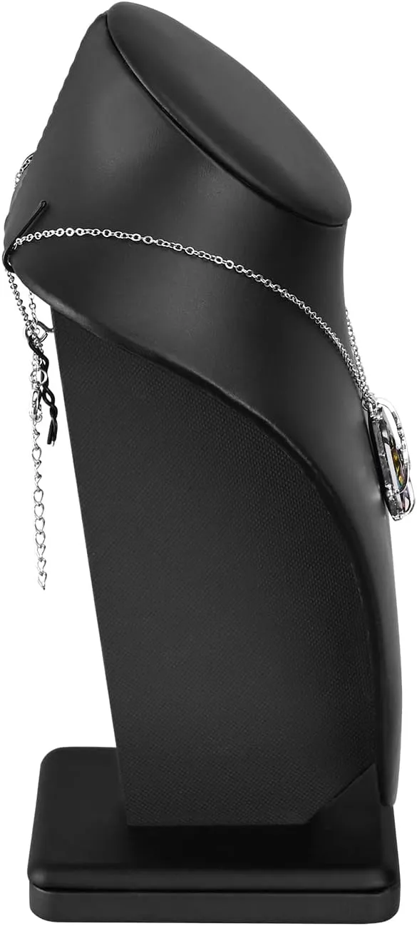 MOOCA 2 Pcs Deluxe Faux Leather Medium Necklace Chain Jewelry Display Holder, Jewelry Stand, Necklaces Display Mannequin Bust Stand, Black Faux Leather