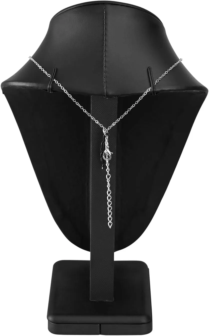 MOOCA 2 Pcs Deluxe Faux Leather Medium Necklace Chain Jewelry Display Holder, Jewelry Stand, Necklaces Display Mannequin Bust Stand, Black Faux Leather