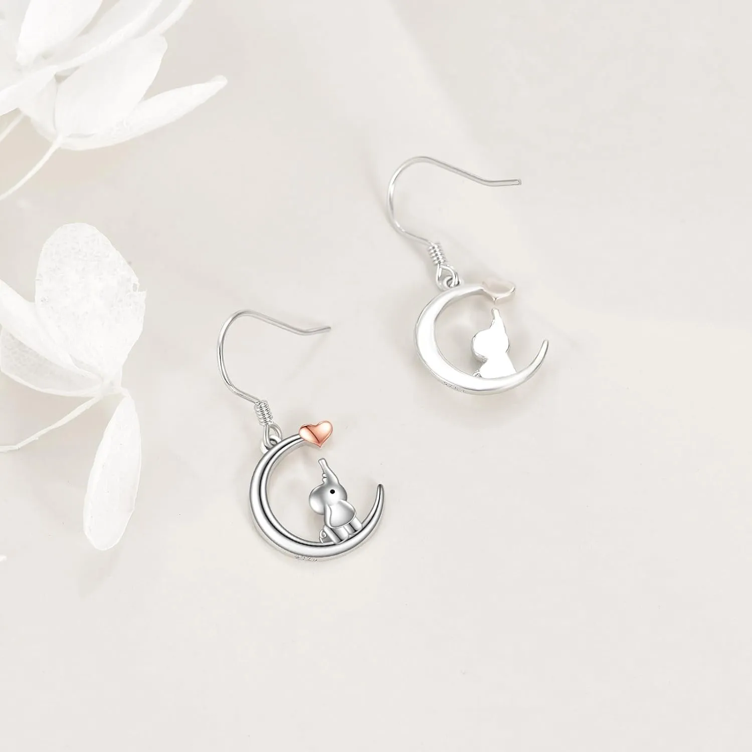 Moon Drop Earrings 925 Sterling Silver Animal Dangle Earrings Elephant/Raccoon/Butterfly/Ghost/Fox/Rabbit/Cat Jewelry for Women Cute Animal Earrings