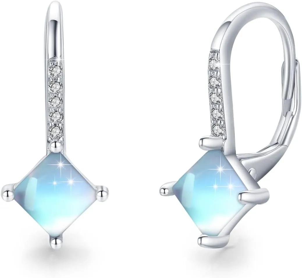 Moonstone Earrings Sterling Silver Moonstone/Leaf Leverback Dangle Earrings Hypoallergenic Drop Square Moonstone Jewelry Gifts for Women Wife Mother's Day