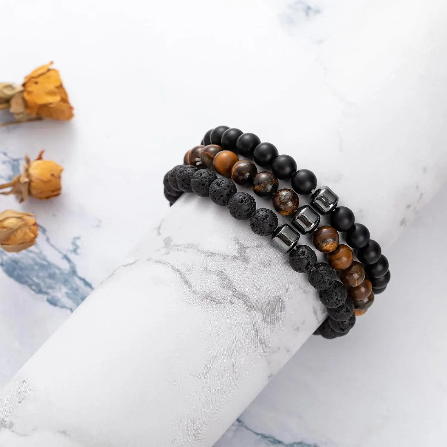MOROTOLE Mens Beaded Bracelet Tiger Eye 8MM Natural Stone Beads Bracelet Set Adjustable Stretch Lava Rock Bracelets for Men Black Crystal Beaded Bracelets for Men Father Boyfriend Brother Gifts