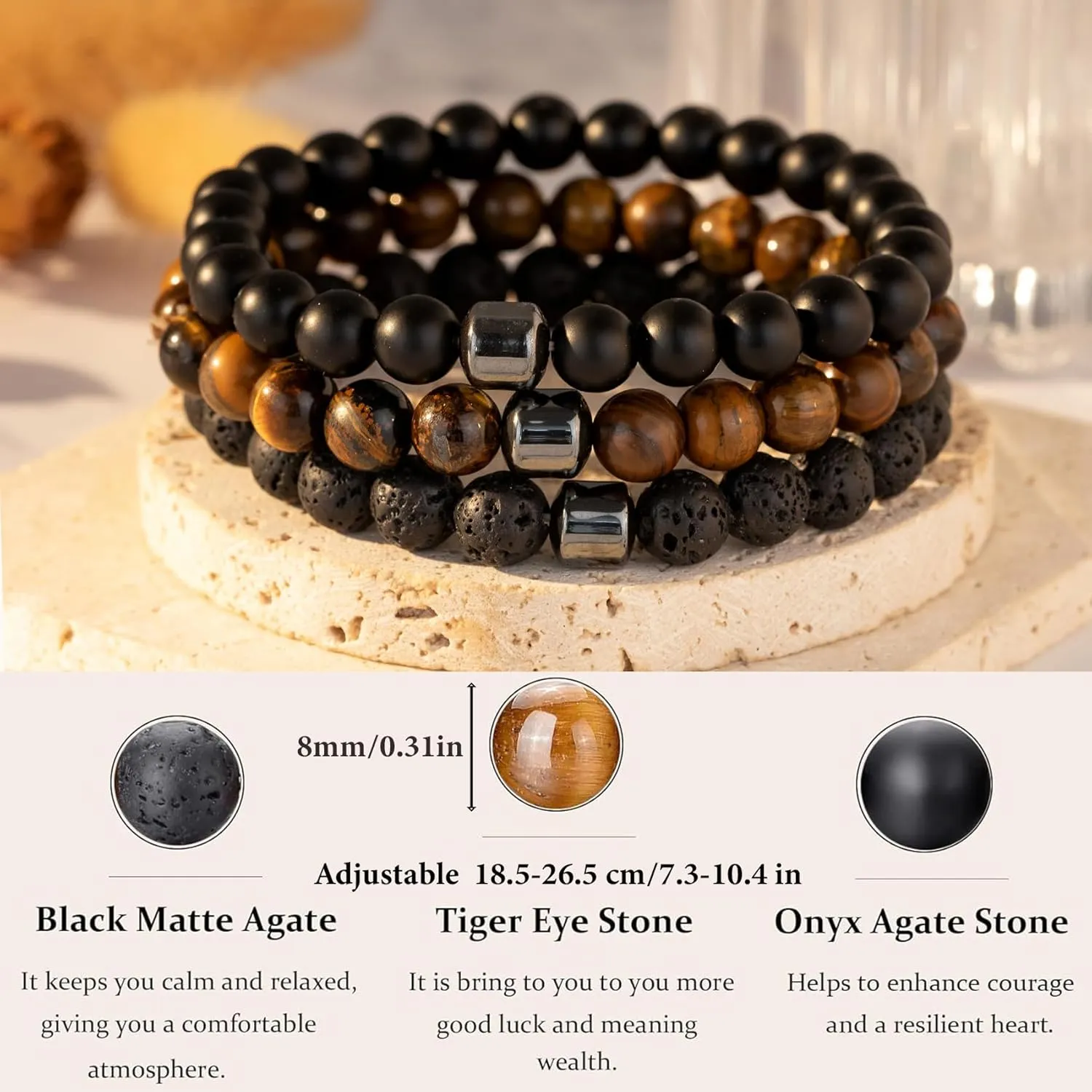 MOROTOLE Mens Beaded Bracelet Tiger Eye 8MM Natural Stone Beads Bracelet Set Adjustable Stretch Lava Rock Bracelets for Men Black Crystal Beaded Bracelets for Men Father Boyfriend Brother Gifts