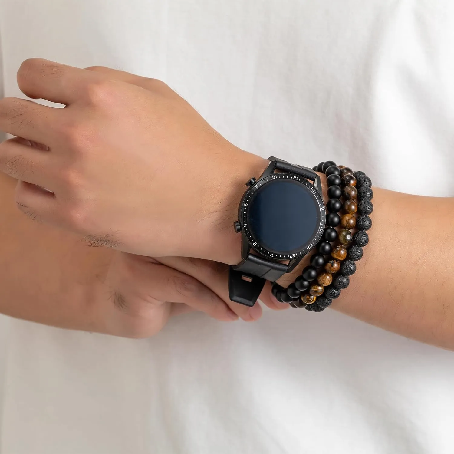 MOROTOLE Mens Beaded Bracelet Tiger Eye 8MM Natural Stone Beads Bracelet Set Adjustable Stretch Lava Rock Bracelets for Men Black Crystal Beaded Bracelets for Men Father Boyfriend Brother Gifts