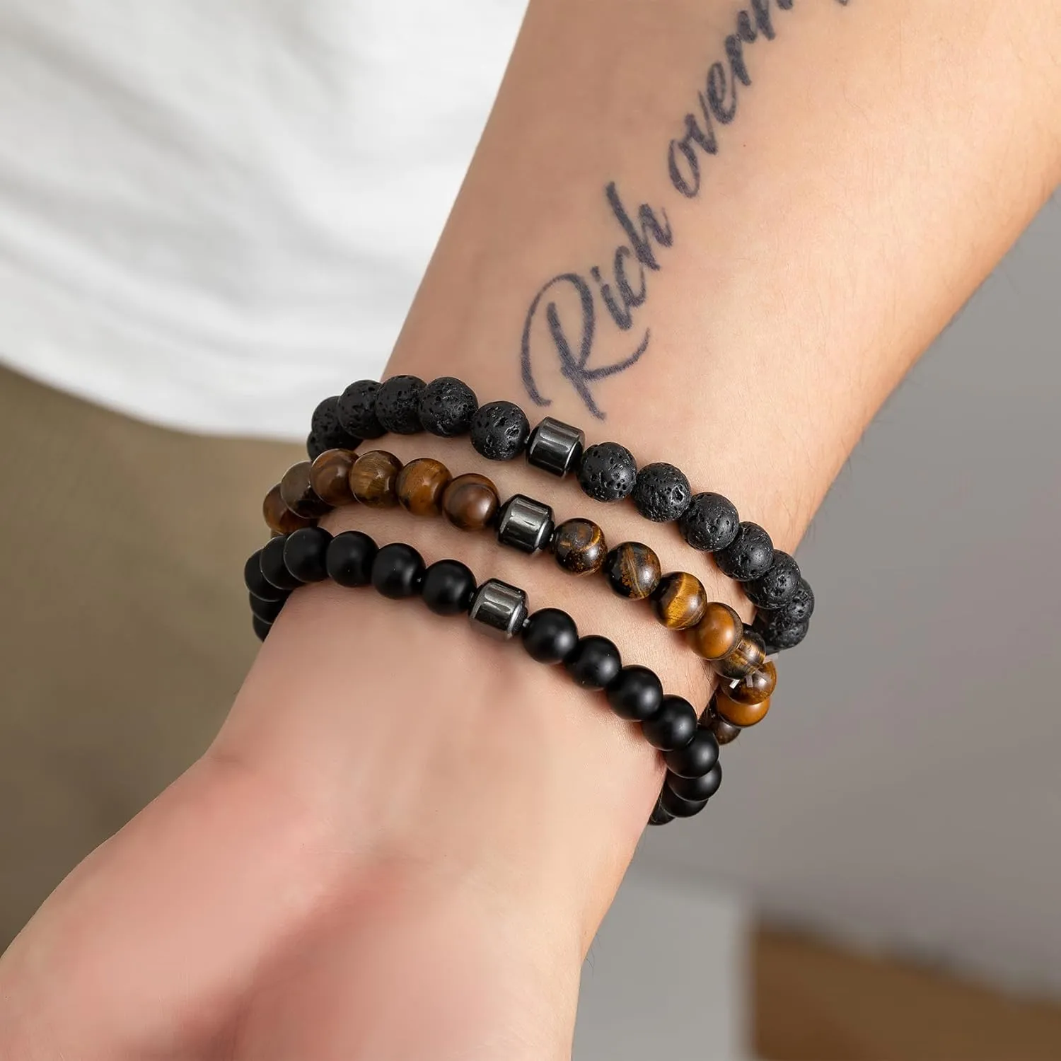 MOROTOLE Mens Beaded Bracelet Tiger Eye 8MM Natural Stone Beads Bracelet Set Adjustable Stretch Lava Rock Bracelets for Men Black Crystal Beaded Bracelets for Men Father Boyfriend Brother Gifts