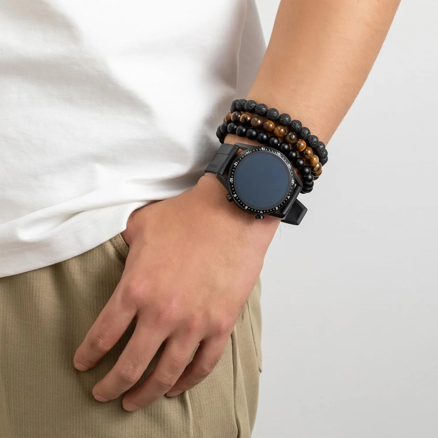 MOROTOLE Mens Beaded Bracelet Tiger Eye 8MM Natural Stone Beads Bracelet Set Adjustable Stretch Lava Rock Bracelets for Men Black Crystal Beaded Bracelets for Men Father Boyfriend Brother Gifts