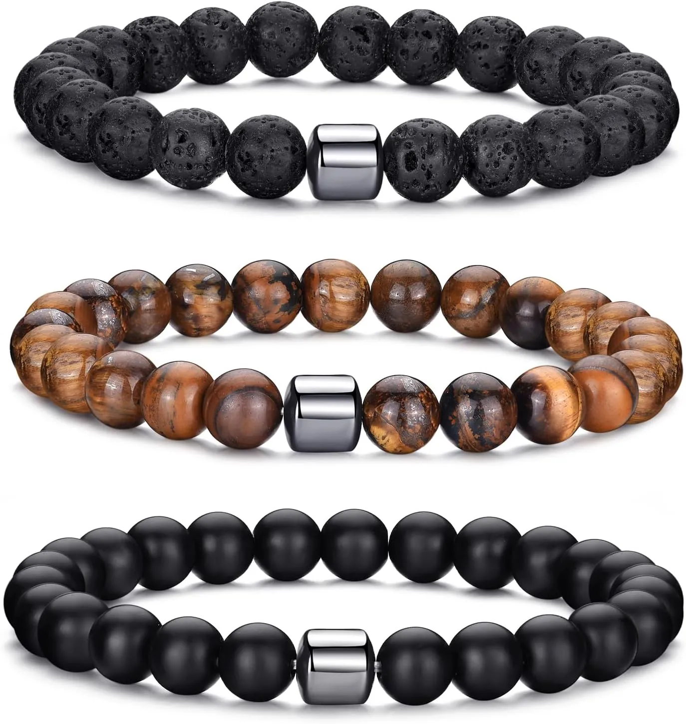 MOROTOLE Mens Beaded Bracelet Tiger Eye 8MM Natural Stone Beads Bracelet Set Adjustable Stretch Lava Rock Bracelets for Men Black Crystal Beaded Bracelets for Men Father Boyfriend Brother Gifts
