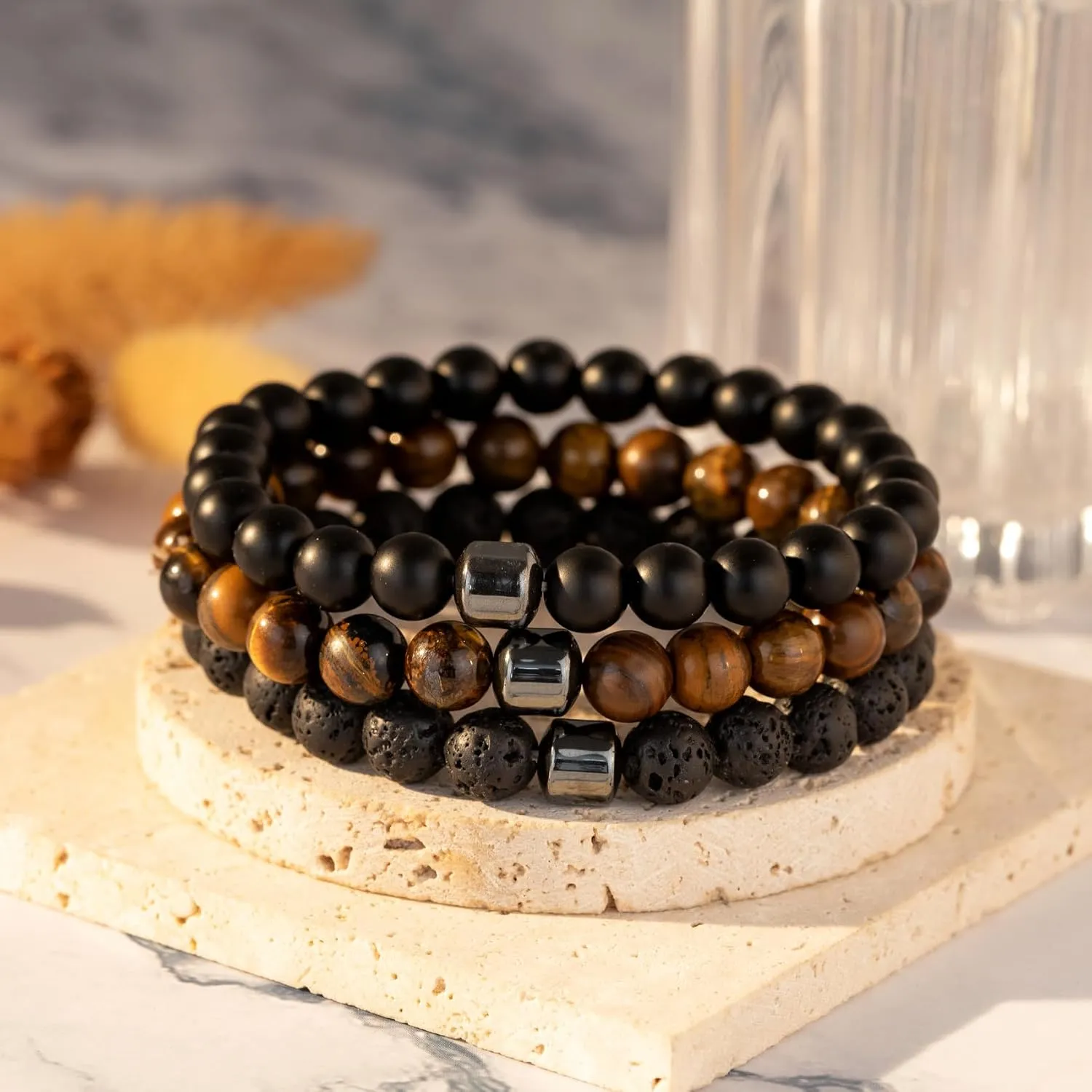 MOROTOLE Mens Beaded Bracelet Tiger Eye 8MM Natural Stone Beads Bracelet Set Adjustable Stretch Lava Rock Bracelets for Men Black Crystal Beaded Bracelets for Men Father Boyfriend Brother Gifts