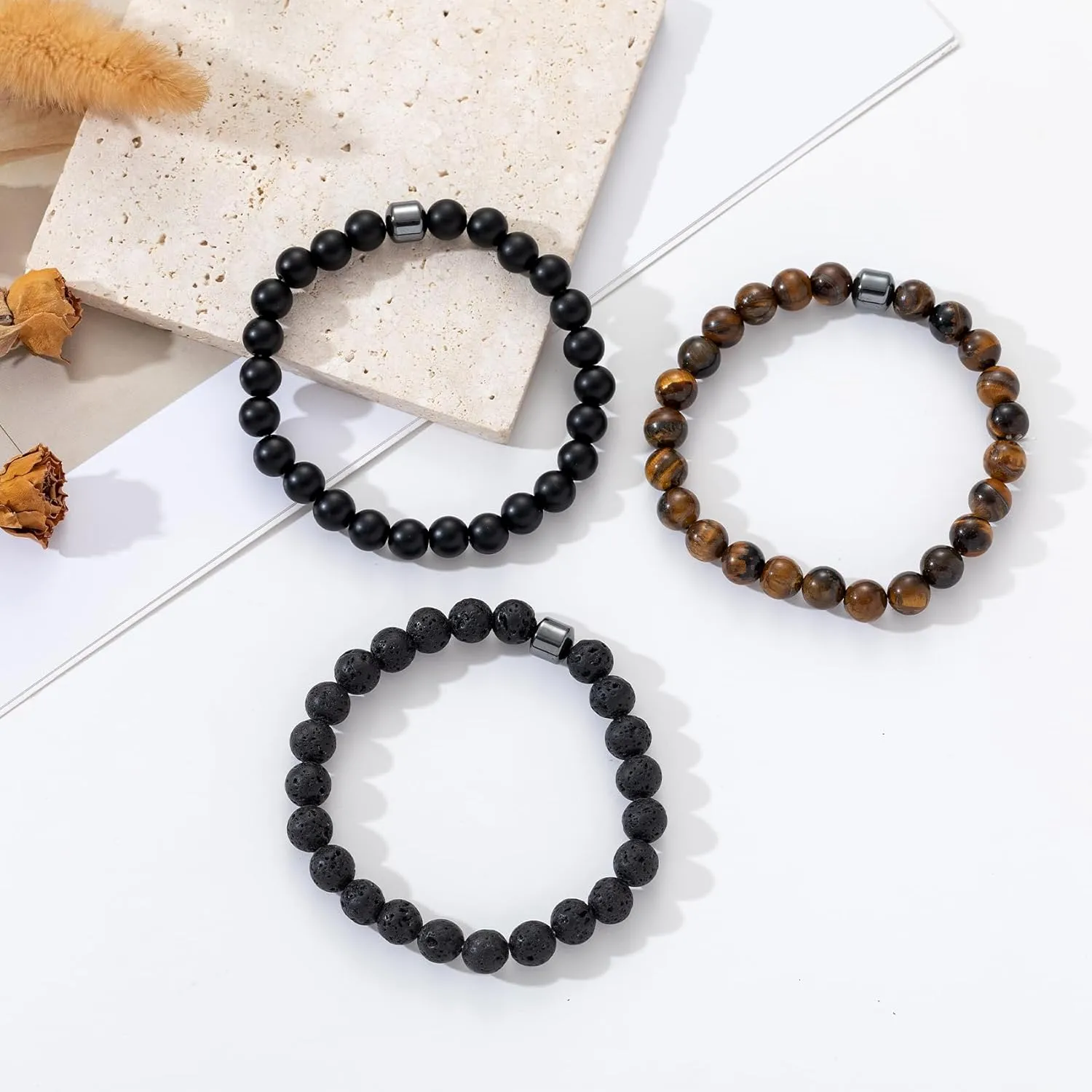 MOROTOLE Mens Beaded Bracelet Tiger Eye 8MM Natural Stone Beads Bracelet Set Adjustable Stretch Lava Rock Bracelets for Men Black Crystal Beaded Bracelets for Men Father Boyfriend Brother Gifts