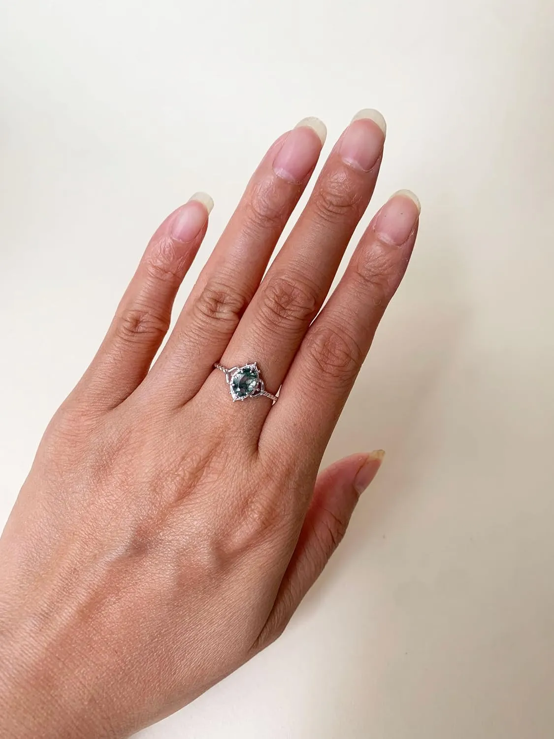 Moss Agate Engagement Promise Ring Unique Natural Green Oval Stone Vintage Solitaire Wedding Jewelry Gift for women