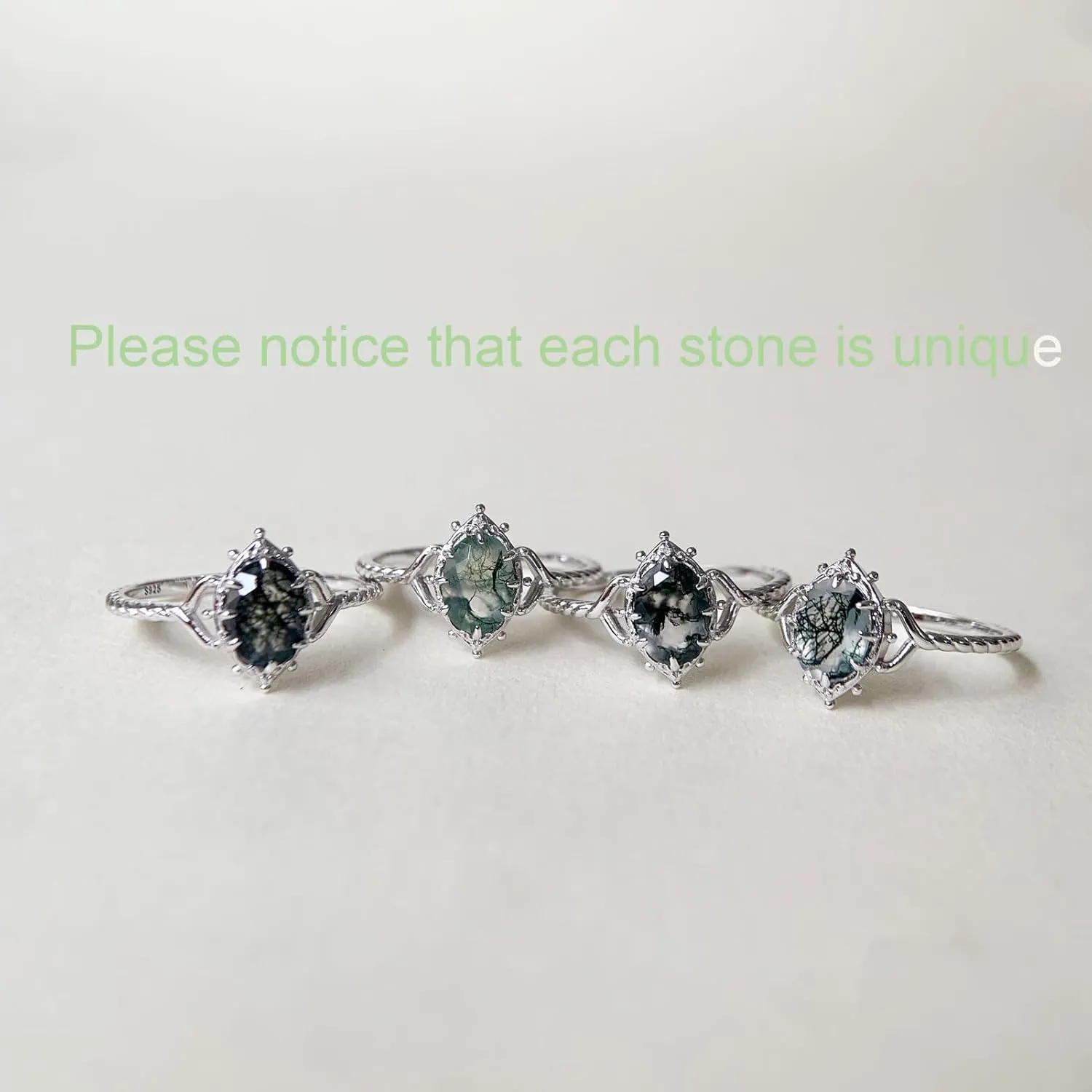 Moss Agate Engagement Promise Ring Unique Natural Green Oval Stone Vintage Solitaire Wedding Jewelry Gift for women