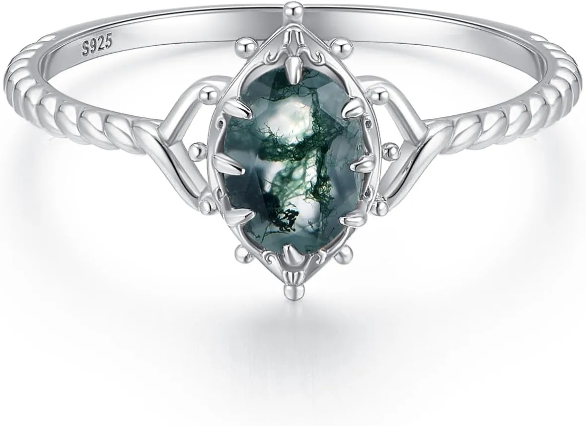 Moss Agate Engagement Promise Ring Unique Natural Green Oval Stone Vintage Solitaire Wedding Jewelry Gift for women
