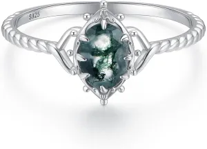 Moss Agate Engagement Promise Ring Unique Natural Green Oval Stone Vintage Solitaire Wedding Jewelry Gift for women