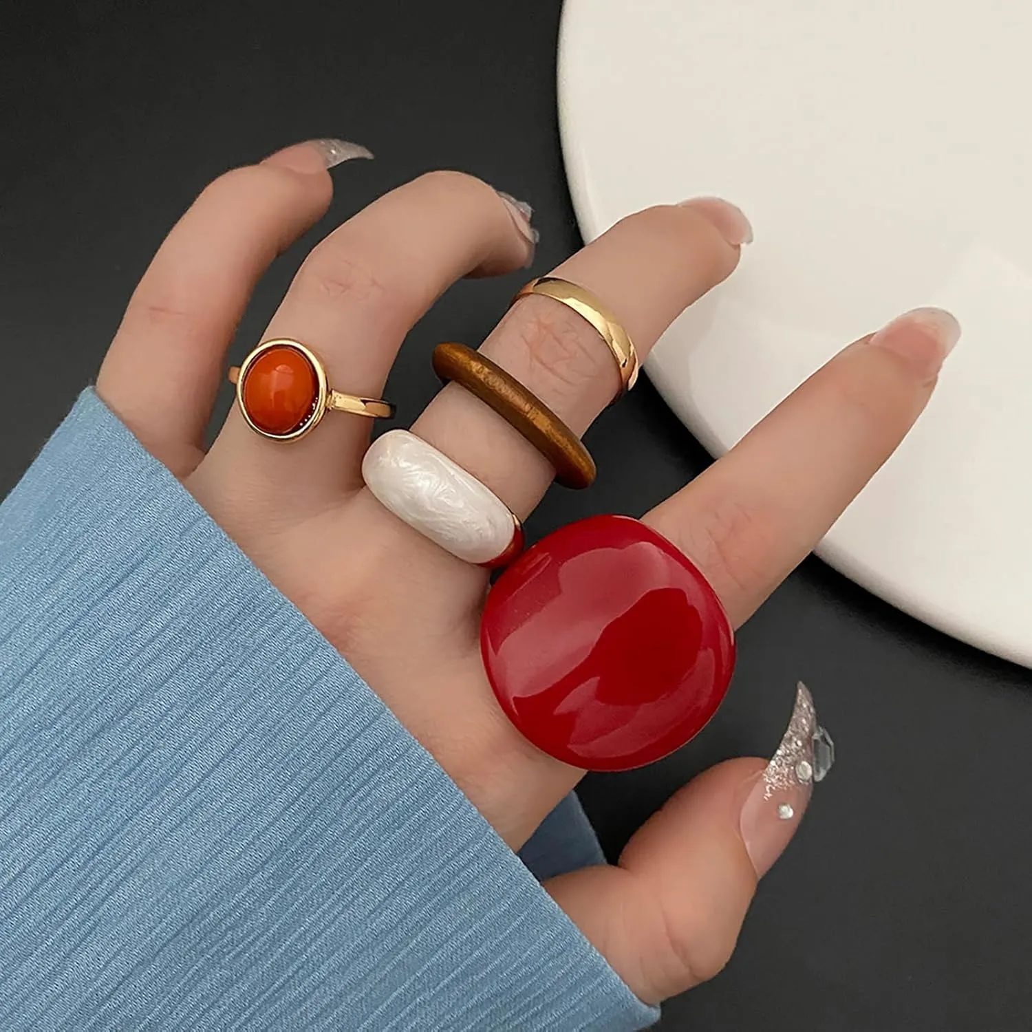 Multicolor Chunky Resin Rings Set Metal Gemstone Ring Red White Green Plastic Resin Ring Trendy Y2k Statement Rings Exaggerated Knuckle Finger Rings Birthday Party Halloween Christmas Jewelry for Men and Women
