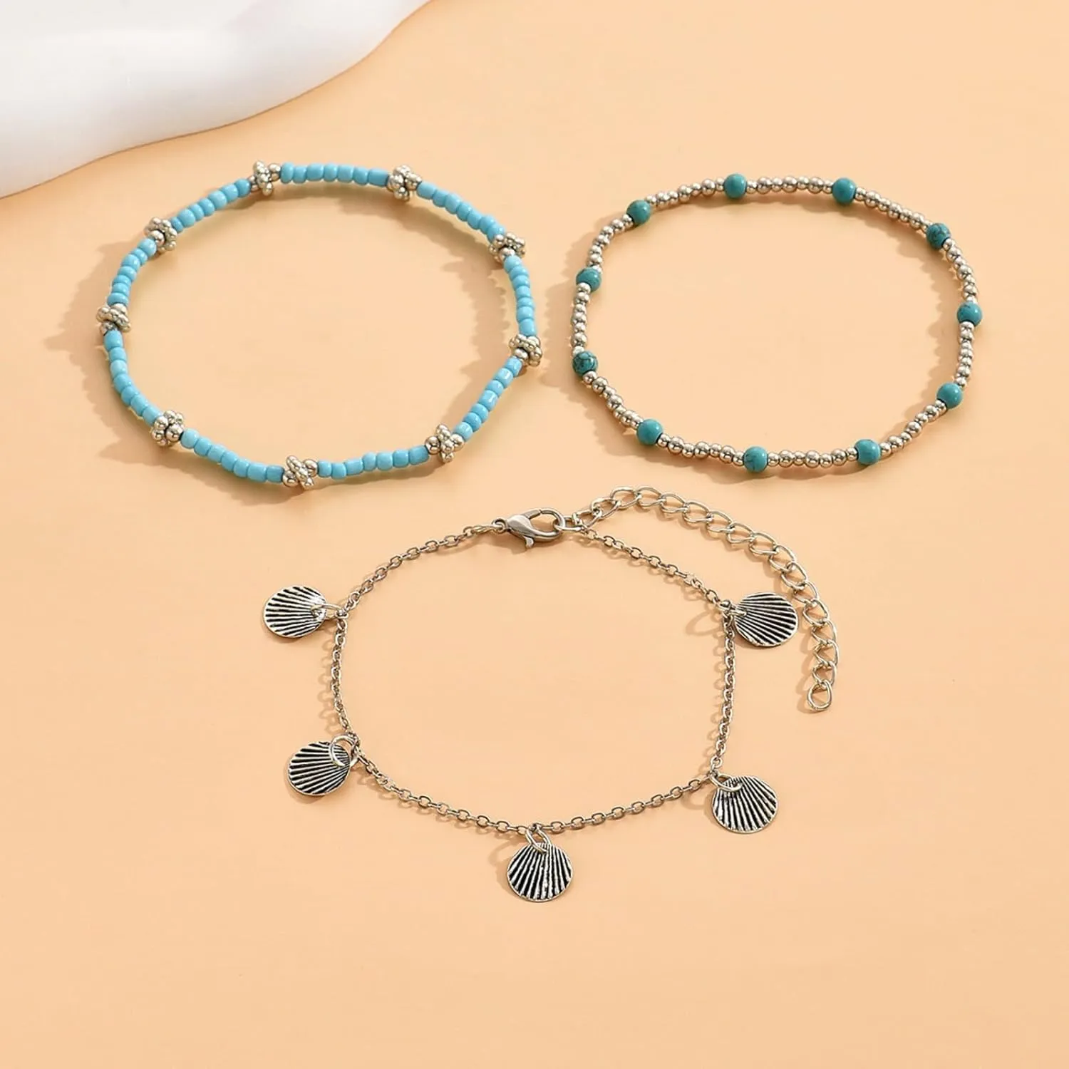 Multilayer Shell Starfish Anklets for Women, Adjustable Boho Beach Beaded Anklet Bracelets Handmade Seashell Gravel Anklet Set Waterproof Foot Jewelry