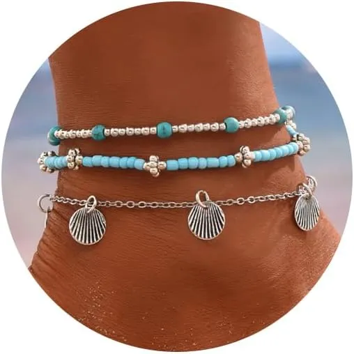 Multilayer Shell Starfish Anklets for Women, Adjustable Boho Beach Beaded Anklet Bracelets Handmade Seashell Gravel Anklet Set Waterproof Foot Jewelry
