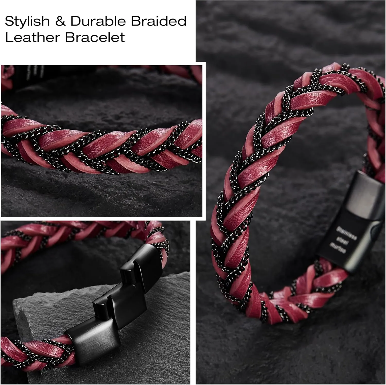 murtoo Mens Braided Leather Bracelet with Black Chain, Shackles of Freedom Bracelets for Men with Magnetic Clasp, Stylish Gift for Men