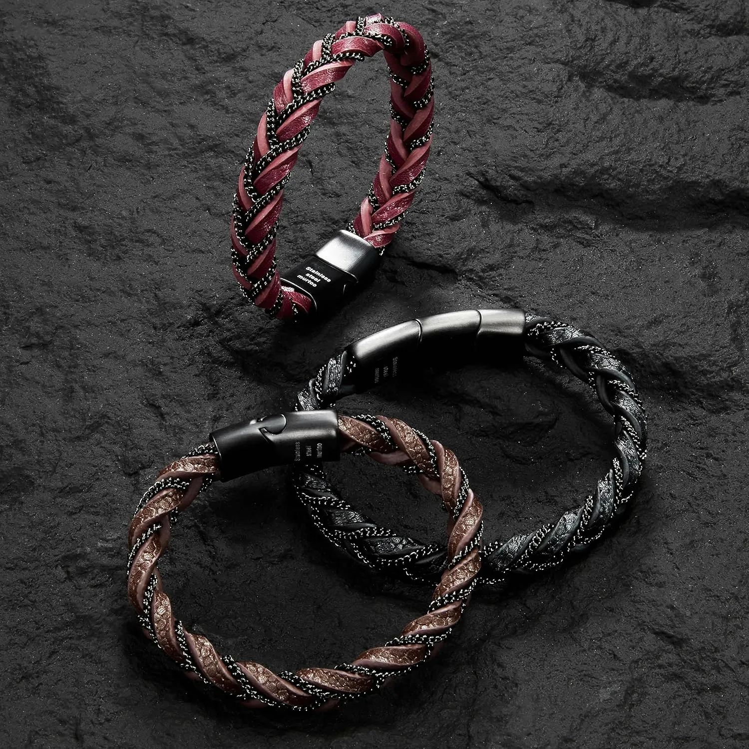 murtoo Mens Braided Leather Bracelet with Black Chain, Shackles of Freedom Bracelets for Men with Magnetic Clasp, Stylish Gift for Men