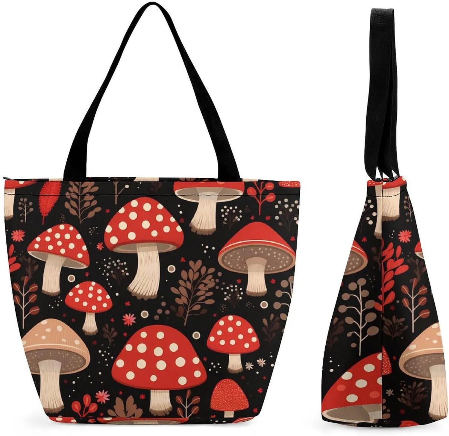 Mushroom Pattern Womens Tote Bag Purse with Zippered Shoulder Handbags For Work