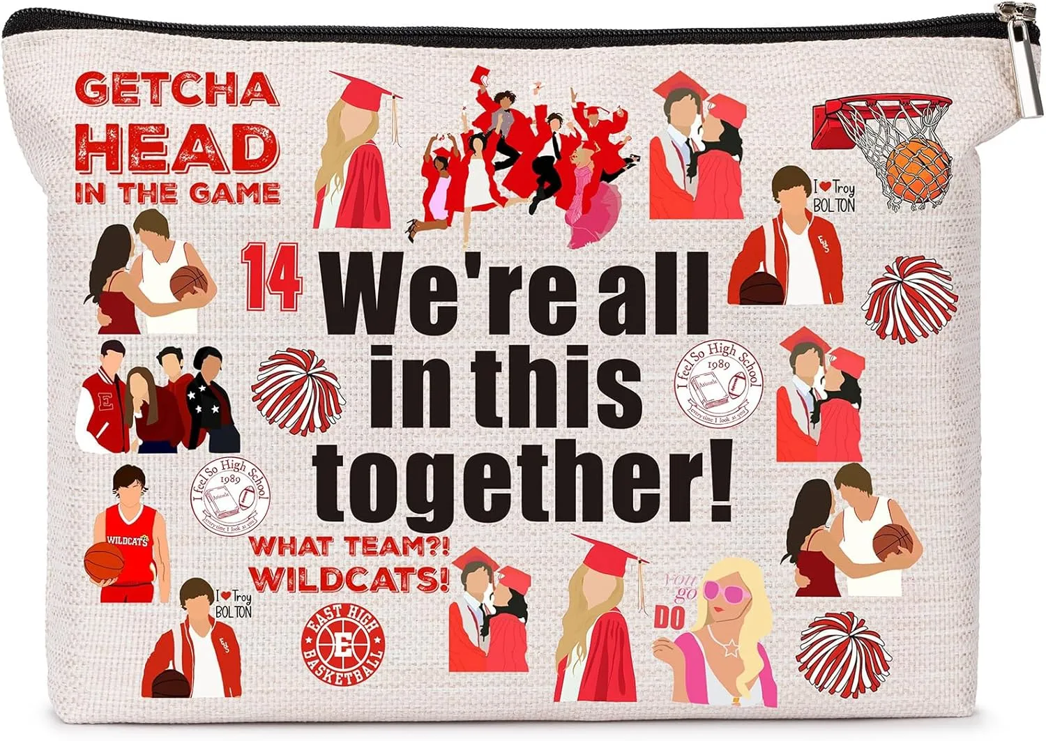 Musical Makeup bag, Broadway Musical Character Print Cosmetic Bag, Design We're all in this together! Slogan Print Gift for Musical Fans Women