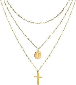 Nazareth Store Layered Cross Necklaces for Women, Dainty 14K Gold Plated 18" Necklace Saint Benedict Medal Protection Amulet Chain Gold Choker Trendy Jewelry Gift