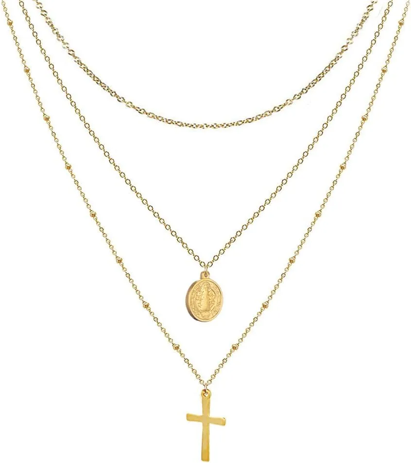 Nazareth Store Layered Cross Necklaces for Women, Dainty 14K Gold Plated 18" Necklace Saint Benedict Medal Protection Amulet Chain Gold Choker Trendy Jewelry Gift
