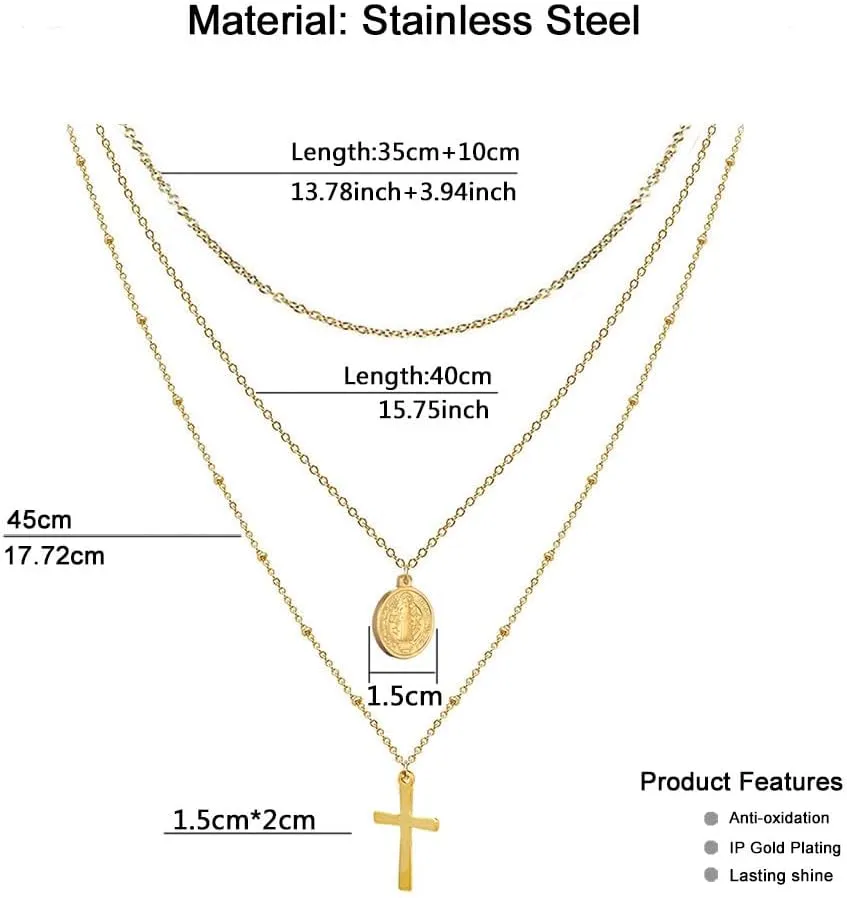 Nazareth Store Layered Cross Necklaces for Women, Dainty 14K Gold Plated 18" Necklace Saint Benedict Medal Protection Amulet Chain Gold Choker Trendy Jewelry Gift