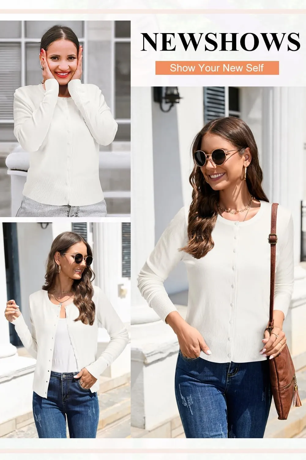 Newshows Women's Lightweight Button Down Cardigan Long Sleeve Casual Crew Neck Soft Knit Cardigans Sweater Tops