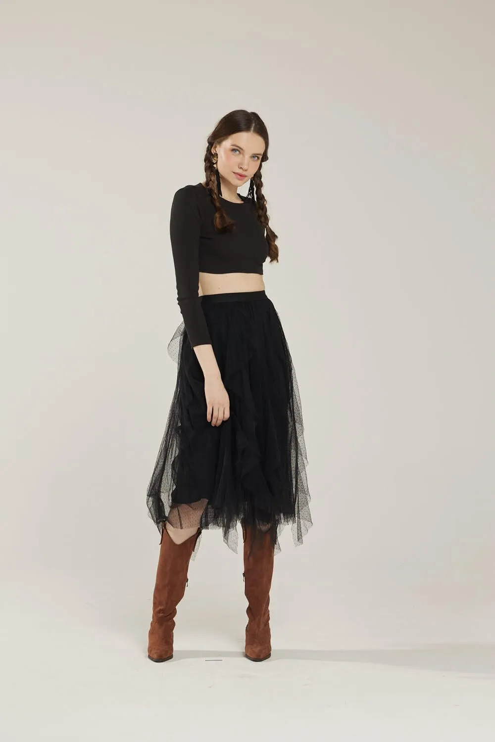 noflik Women's Tulle Mesh Ruffle Skirts A Line Tiered Layered Ruffle Tulle Mesh Tutu Long Maxi